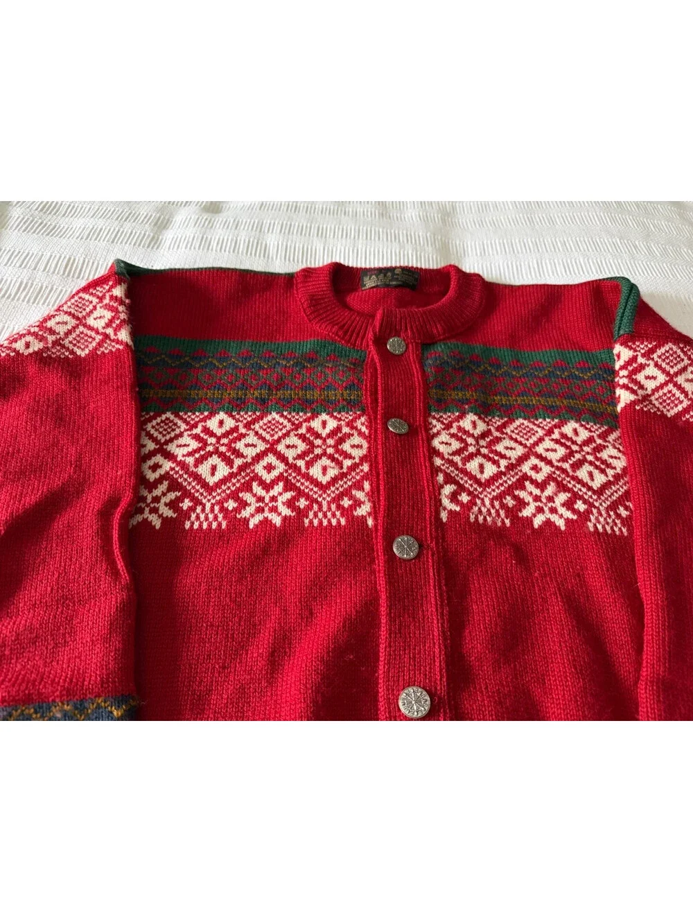 NORDSTRIKK Norway Wool Fair Isle Cardigan Sweater Large Ski Snowflake Red Green